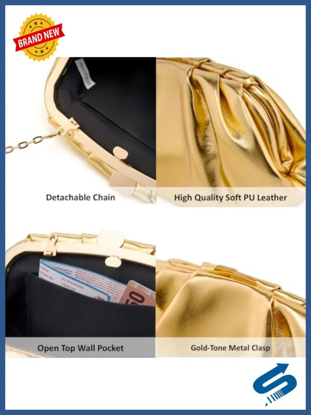 Pleated Vegan Leather Clutch Purse Detachable Chain Evening Bag